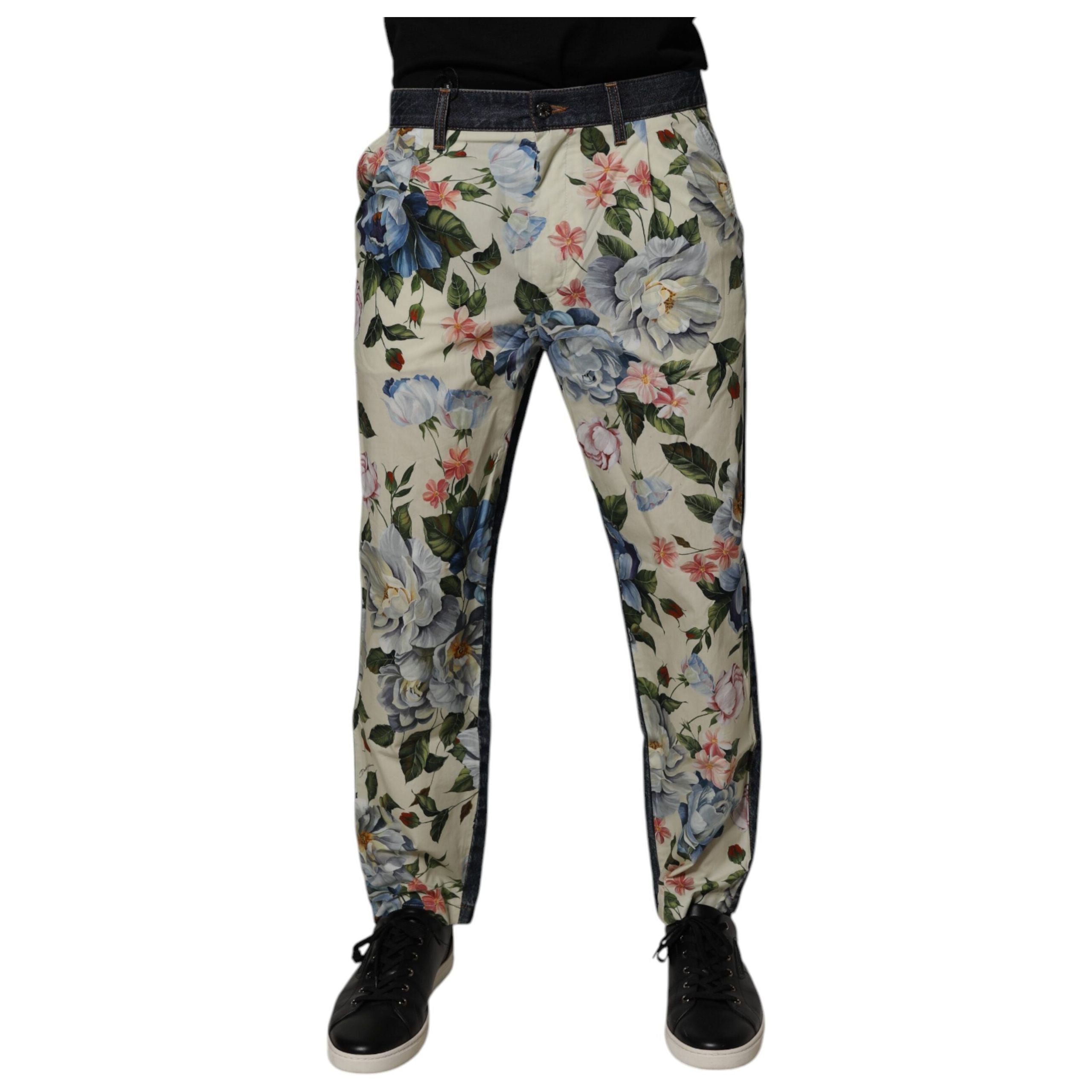 Dolce & Gabbana Beige Blue Floral Cotton Denim Jeans