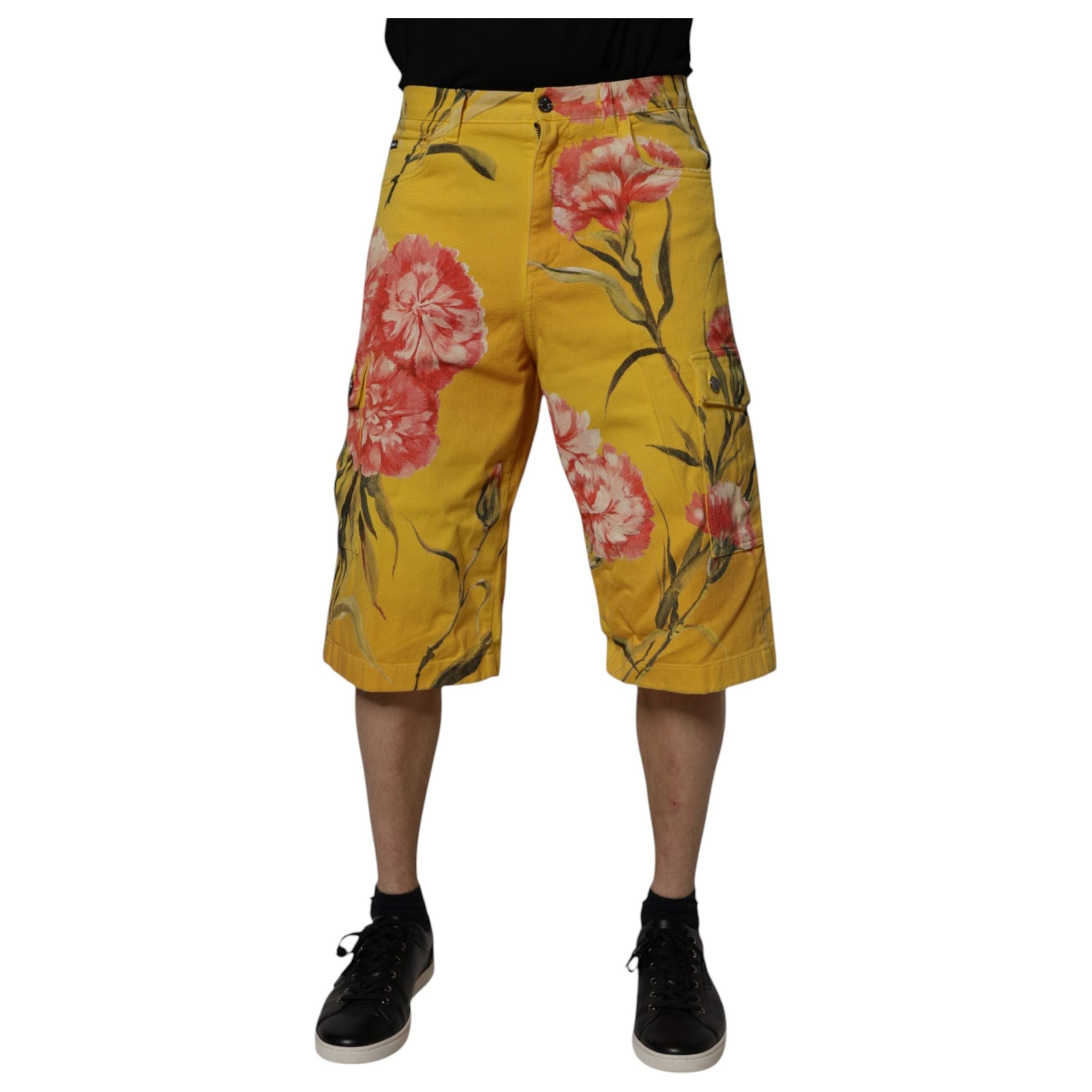 Dolce & Gabbana Yellow Floral Denim Cargo Bermuda Shorts