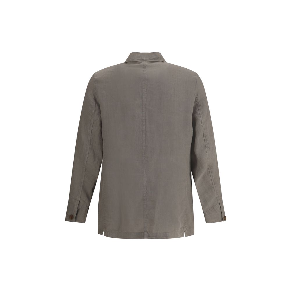 Finamore White Linen Shirt with Cuban Collar and Patch Pockets