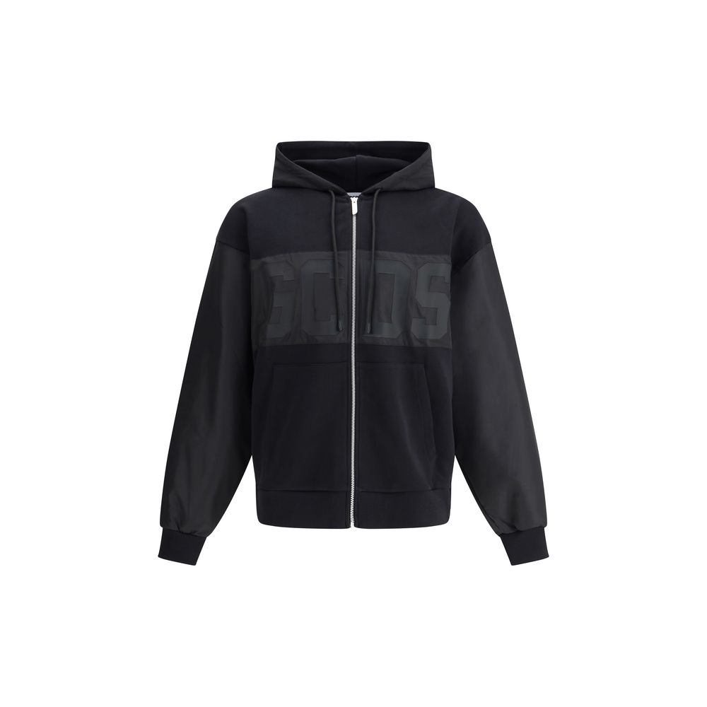 GCDS Black Cotton Zippered Hoodie with Iconic Monogram Detail