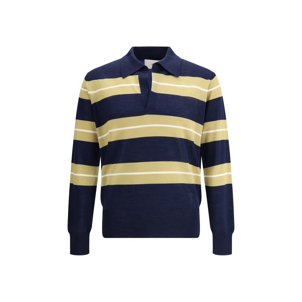 Ami Paris Navy Merino Wool Raye Polo Shirt
