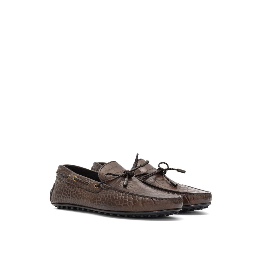 Tod's Brown Leather Loafer with Luxurious Crocodile Print