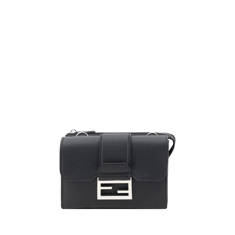 Fendi Black Luxurious Grained Leather Double Baguette Shoulder Bag