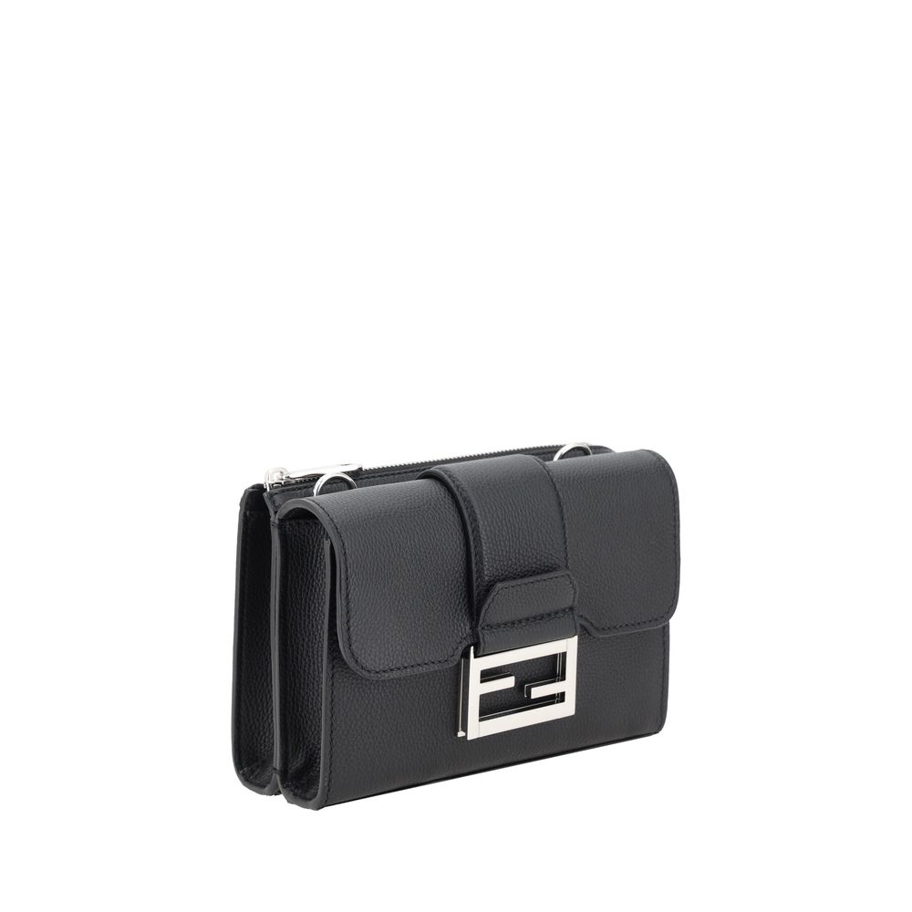 Fendi Black Luxurious Grained Leather Double Baguette Shoulder Bag