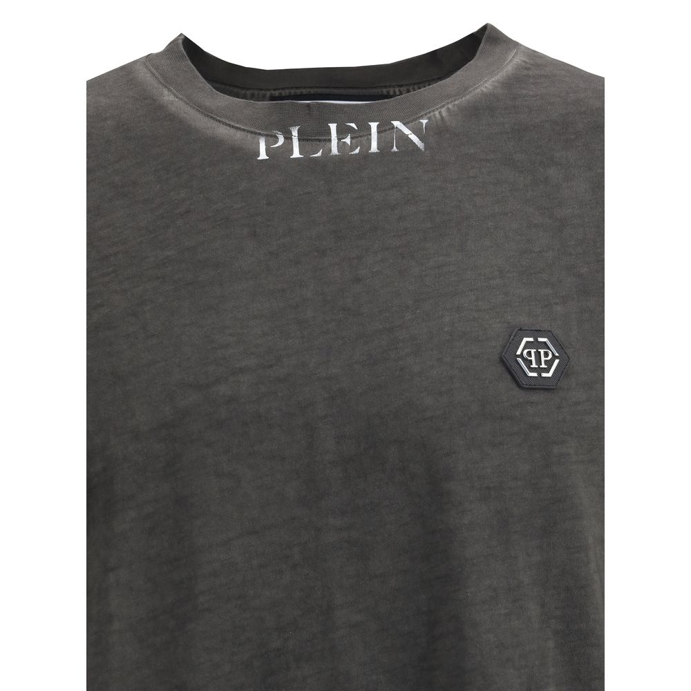 Philipp Plein White Cotton T-Shirt with Iconic Leather Logo Detail