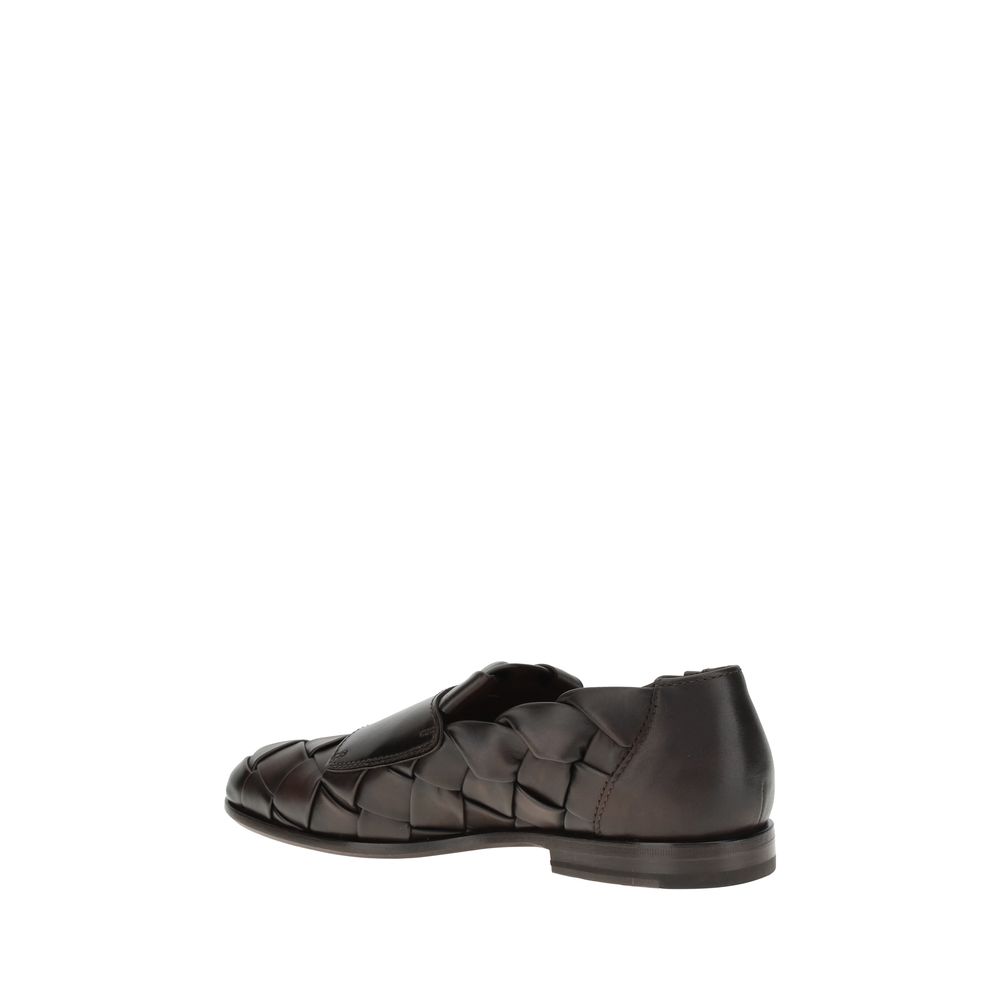Santoni Brown Woven Leather Loafers for Timeless Elegance