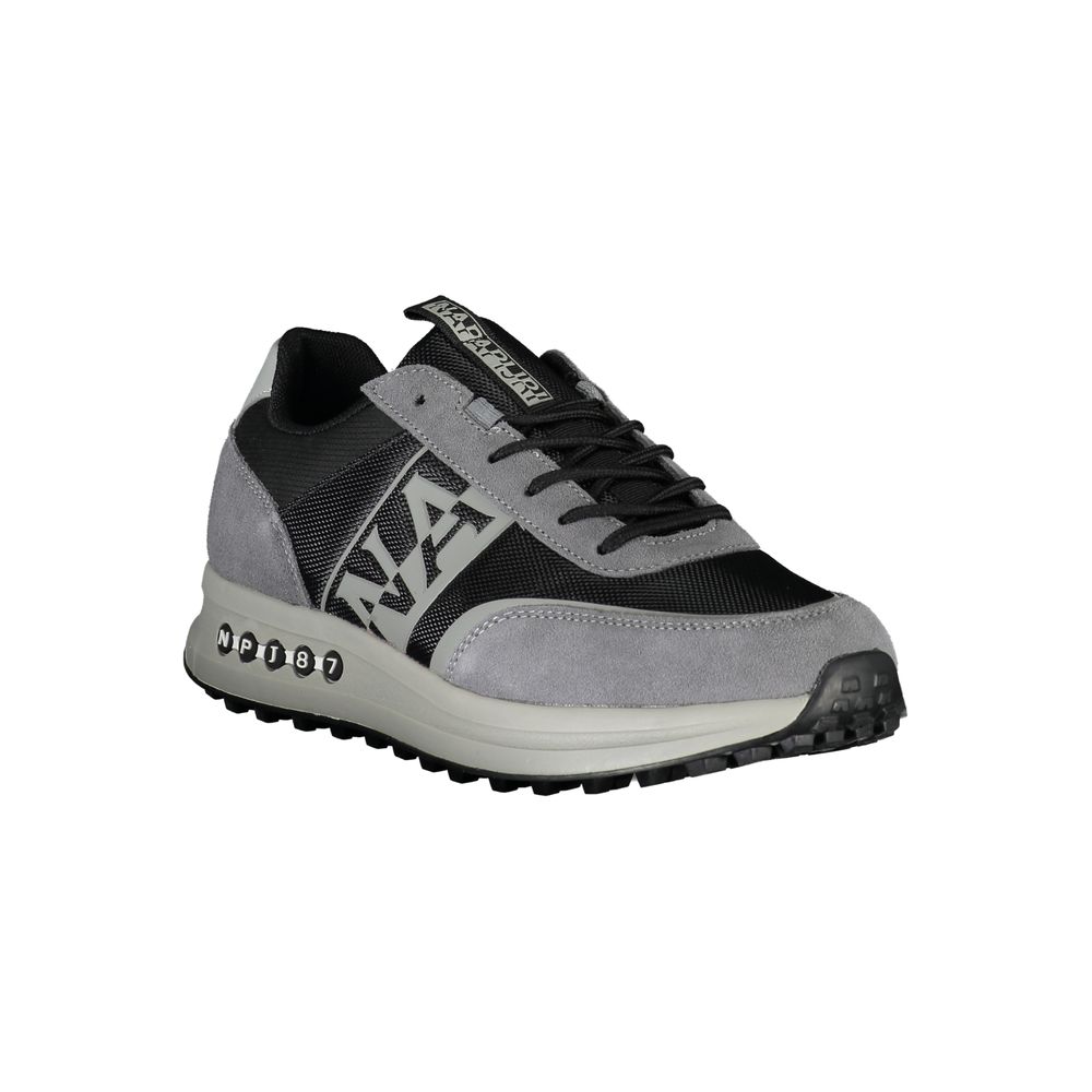 Napapijri Gray Leather Sports Sneakers with Contrast Detail