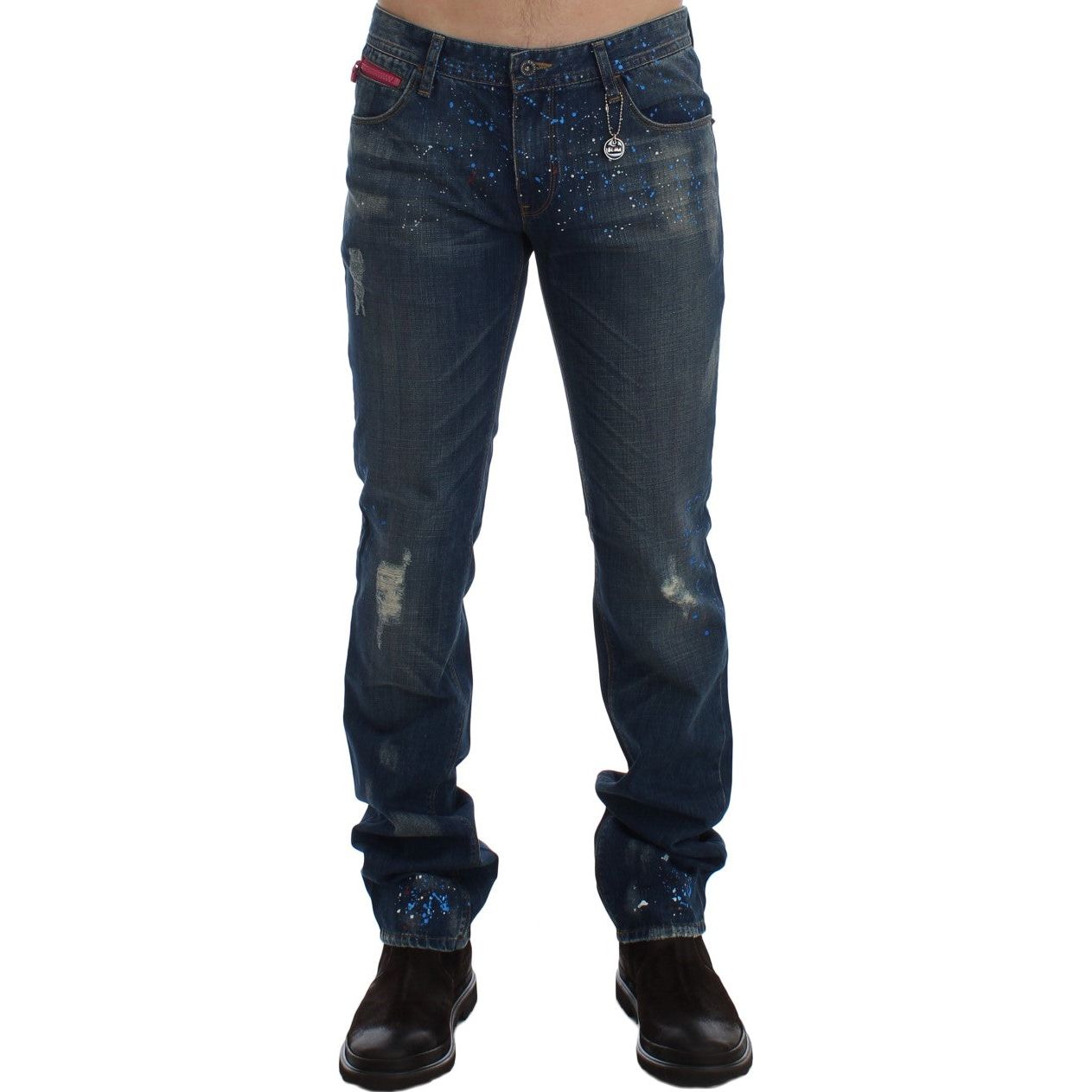Costume National Blue Cotton Painted Slim Fit Jeans