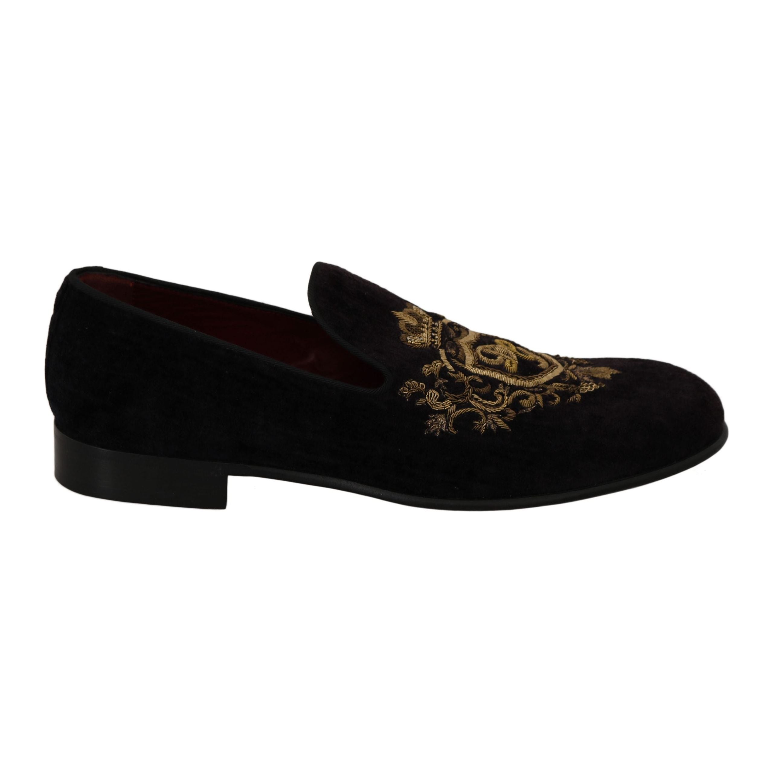 Dolce & Gabbana Black Leather Loafers with Gold Crown Embroidery