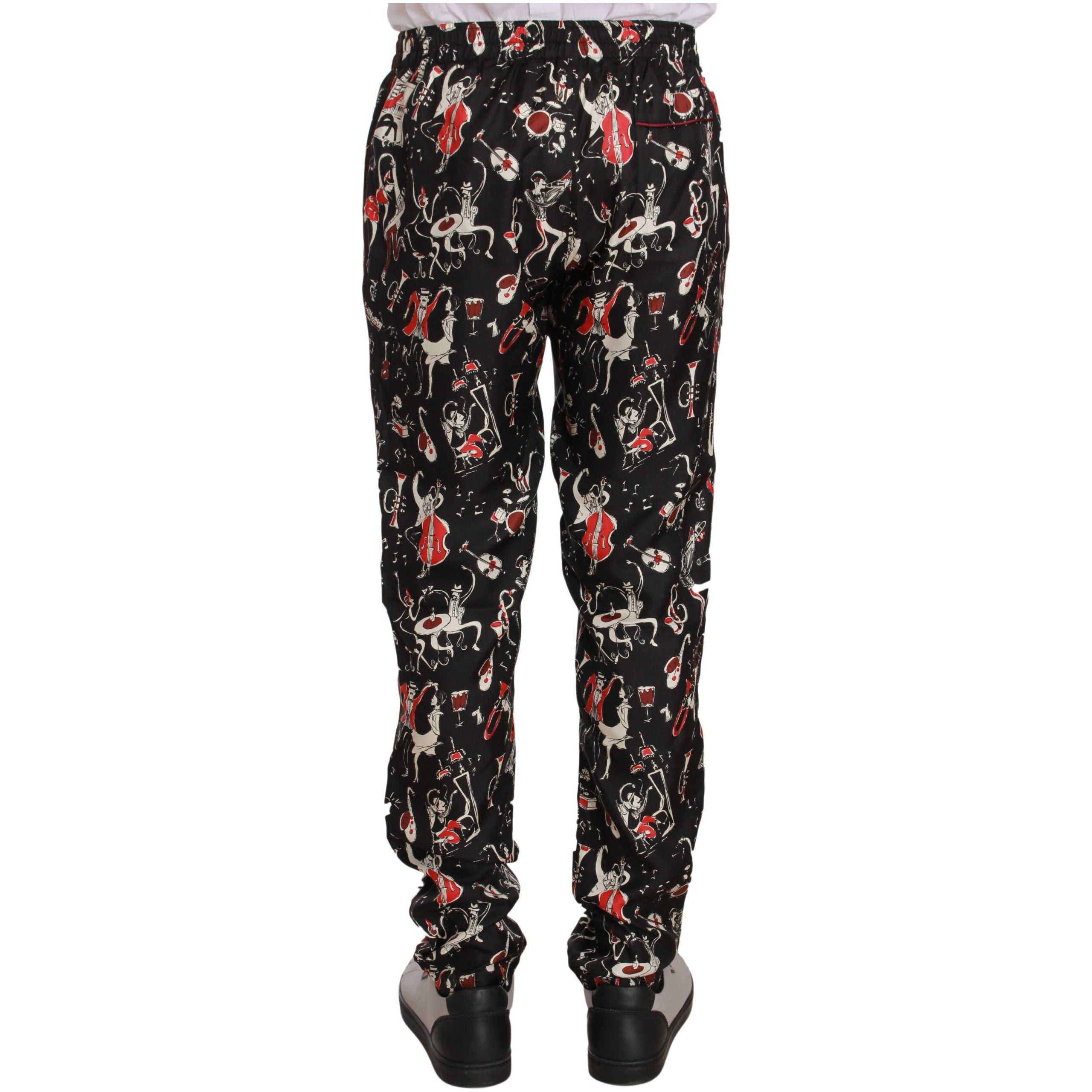 Dolce & Gabbana Black Silk Lounge Pants with Red Print
