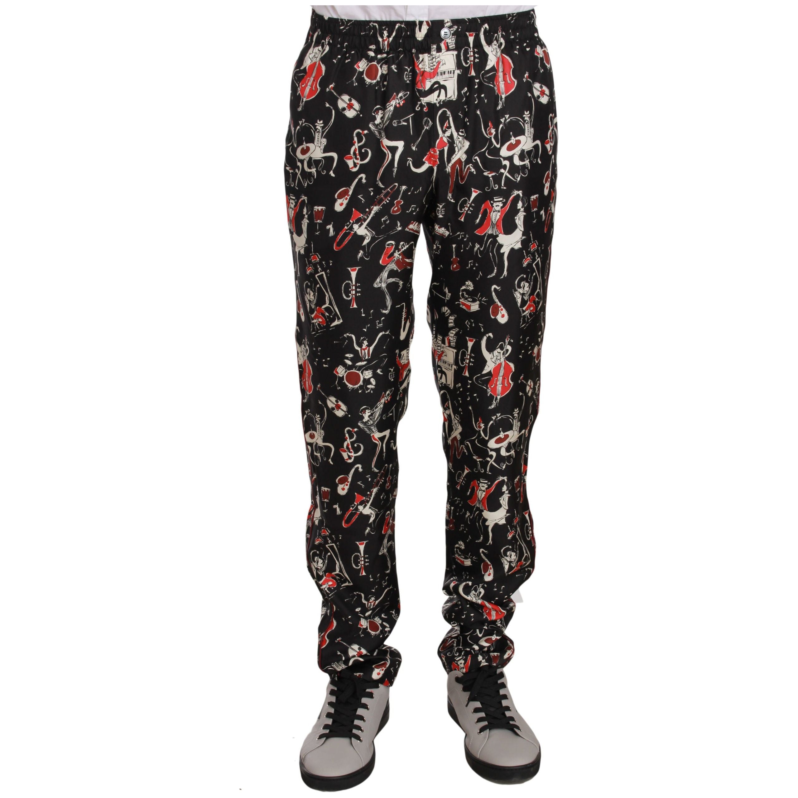Dolce & Gabbana Black Silk Lounge Pants with Red Print