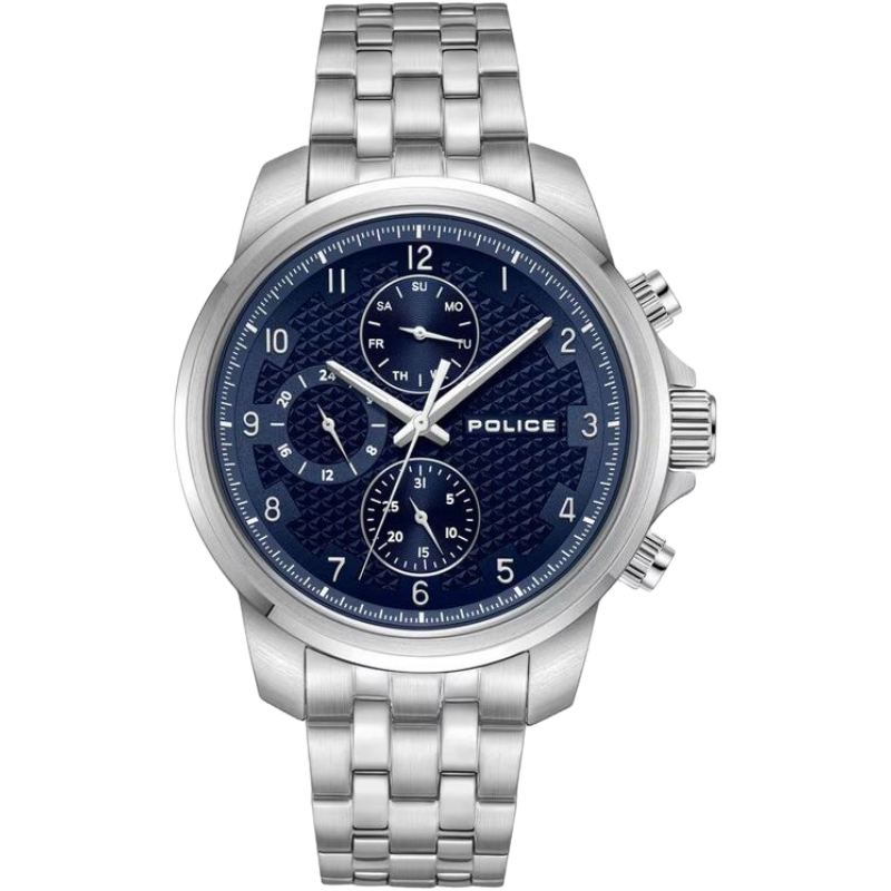 Police Gray Stainless Steel Watch with Bold Blue Dial