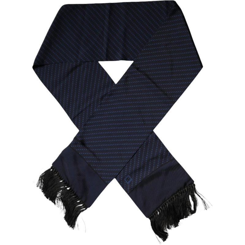 Dolce & Gabbana Dark Blue Silk Fantasy Fringes Neck Wrap Scarf